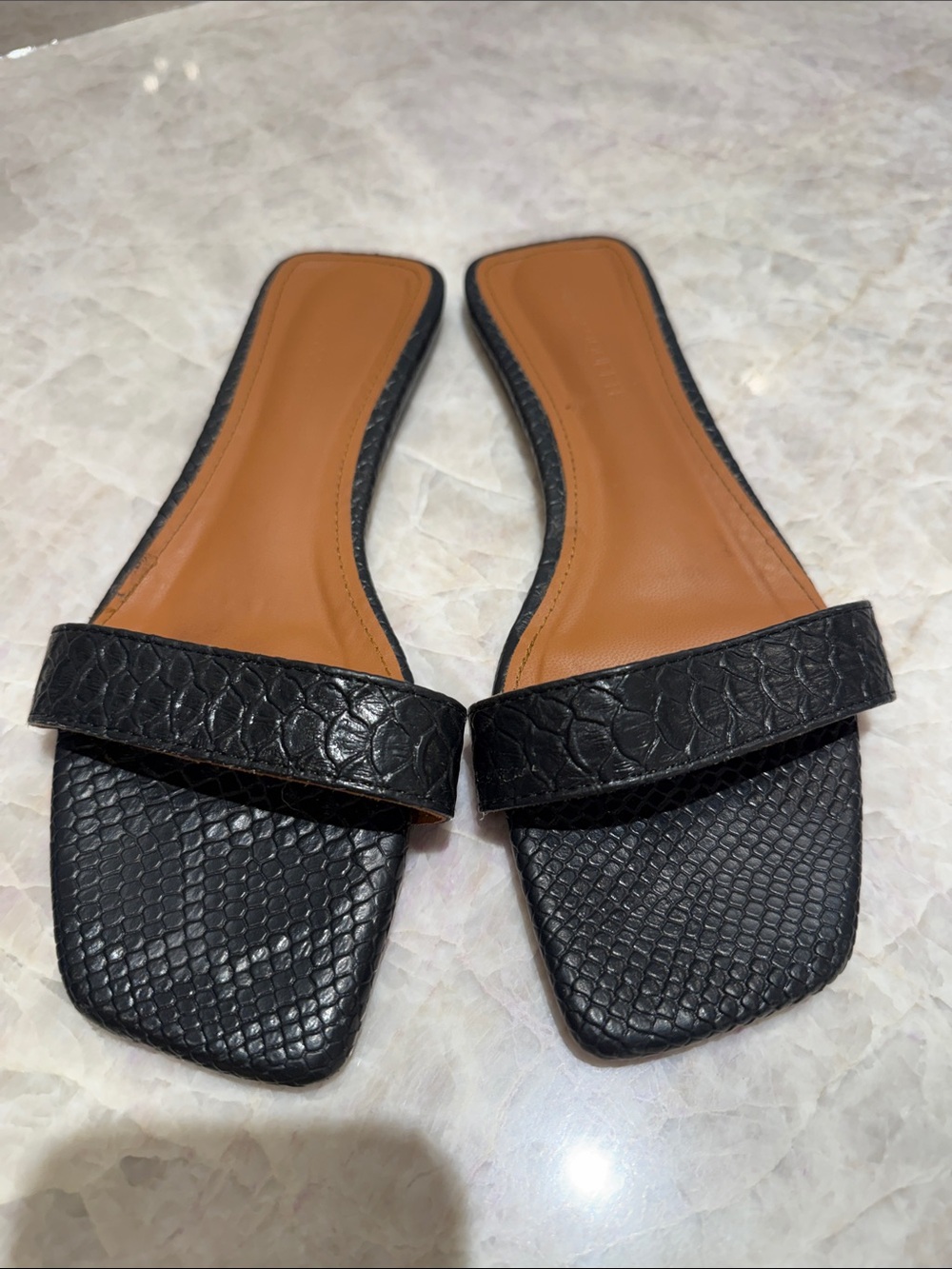 Black Snake-Embossed Slide Sandals - Women